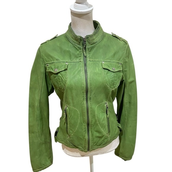 Danier green leather zip up moto jacket zippered pockets lined size small - Picture 1 of 13